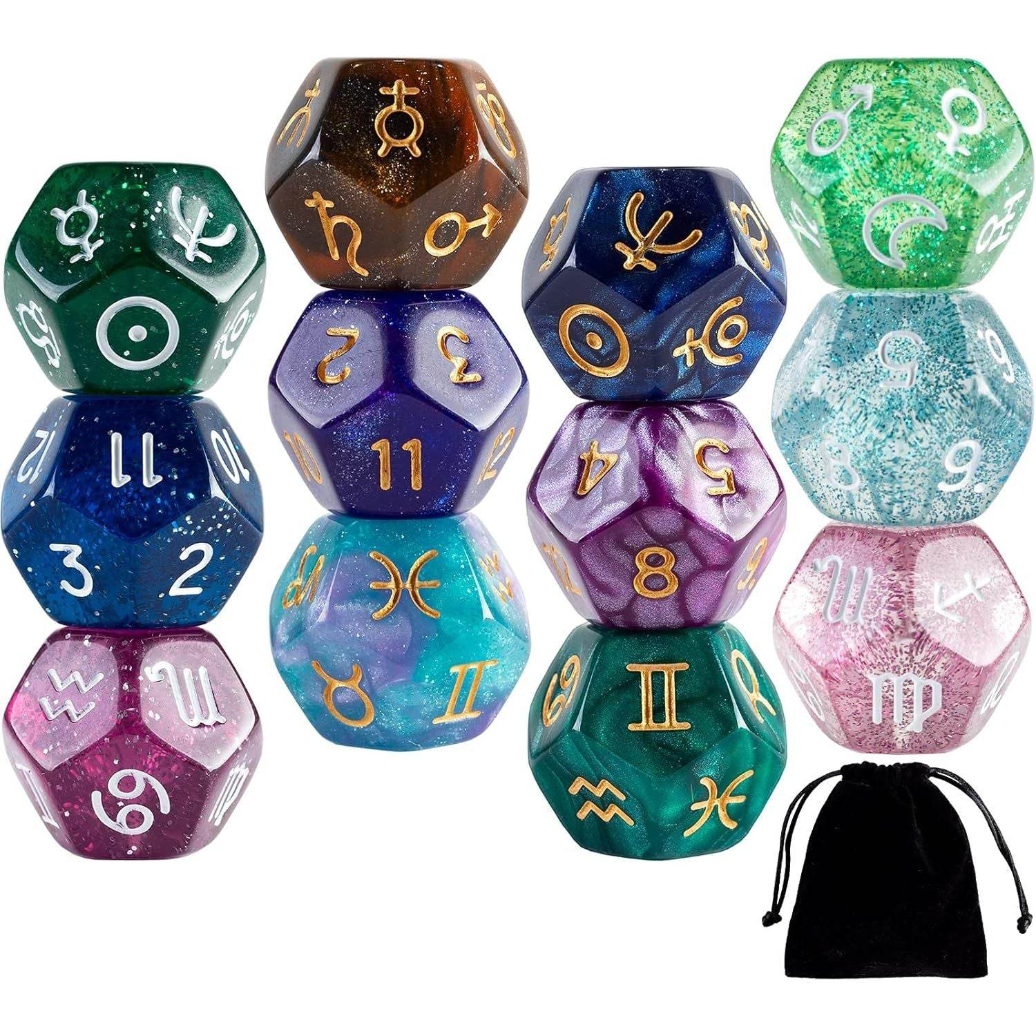 12 PCS Tarot Cards Dice D12 Astrological Dice Resin Pearl Constellation Sign 12-Sided Dice for Astro Divination Gaming Accessory - My Store