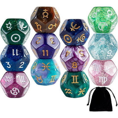 12 PCS Tarot Cards Dice D12 Astrological Dice Resin Pearl Constellation Sign 12-Sided Dice for Astro Divination Gaming Accessory - My Store