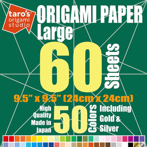 [Taro's Origami Studio] Large 9.5 Inch One Sided 50 Colors 60 Sheets Square Easy Fold Premium Japanese Paper for Beginner (Gold and Silver Included)