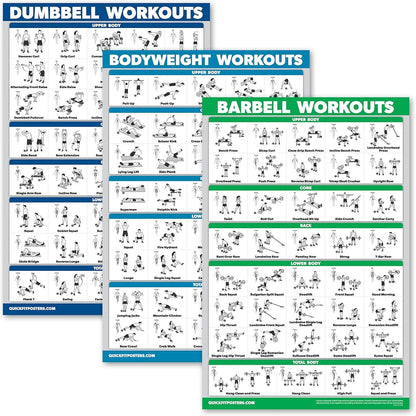 QUICKFIT 3 Pack - Dumbbell Workouts + Bodyweight Exercises + Barbell Routine Poster Set - Set of 3 Workout Charts (Laminated, 18" x 24")