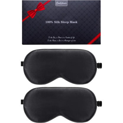 BeeVines Sleep Mask, 2 Pack 100% Real Natural Silk Eye Masks with Adjustable Strap for Sleeping, Mulberry Silk Eye Sleep Shade Cover, Blocks Light Reduces Puffy Eyes Traveling Gifts (Black & Black)