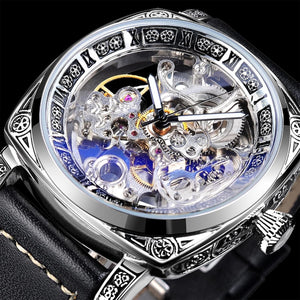 FORSINING Square Luxury Retro Mechanical Watch for Men, Gorgeous Hollow Skeleton Self-Wind Carved Automatic Watches Vintage Leather Strap Wristwatch Silver Dail Black Strap