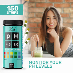 Buy now pH Test Strips for Urine and Saliva - 150 Litmus Paper pH Test Strips with Ebook, Quick & Easy pH Level Testing from 4.5-9.0, Ultimate Acidity Test Kit from JNW Direct at indiglob india