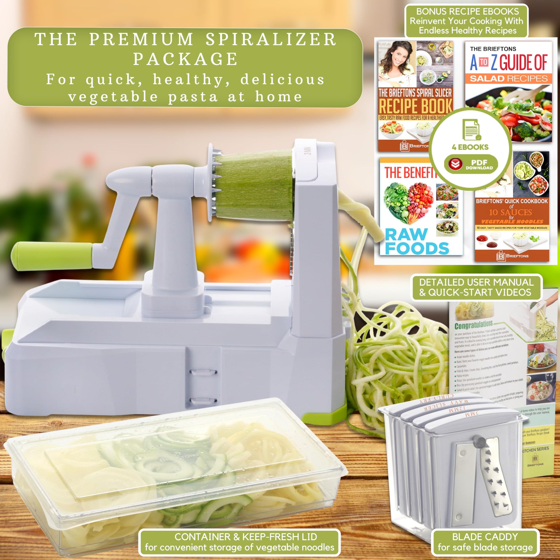 Buy now Brieftons 7-Blade Vegetable Spiralizer: Strongest-Heaviest Spiral Slicer, Best Veggie Pasta Spaghetti Maker for Low Carb/Paleo/Gluten-Free Meals, With Container, Lid, Blade Caddy & 4 Recipe Ebooks at indiglob india