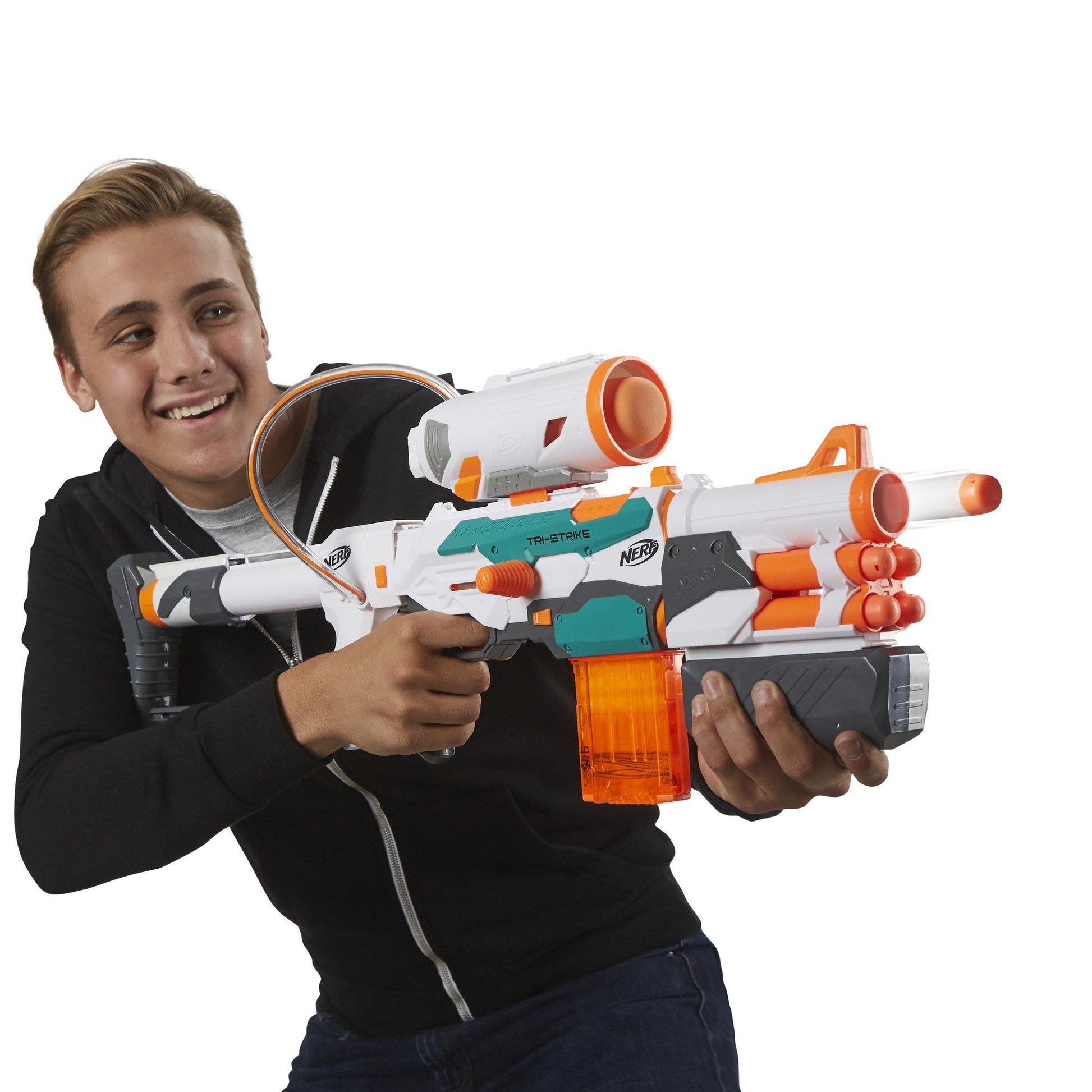 Buy now Nerf Modulus Tri-Strike Blaster, Mega Barrel, Rocket Launcher, Clip, 1 Rocket, Kids Outdoor Games (Amazon Exclusive) at indiglob india