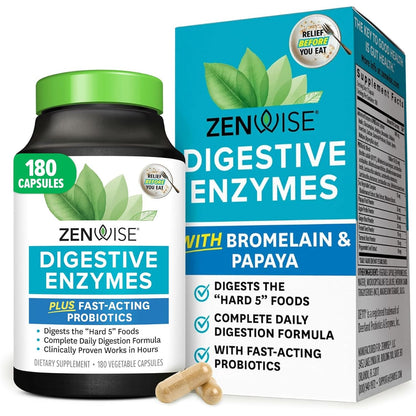 Zenwise Health Digestive Enzymes for Gut Health & Bloating Relief - Multi Enzymes Digestion Supplement with Probiotics, Bromelain & Papaya for Digestive Health Support - Men & Women - 180 Count