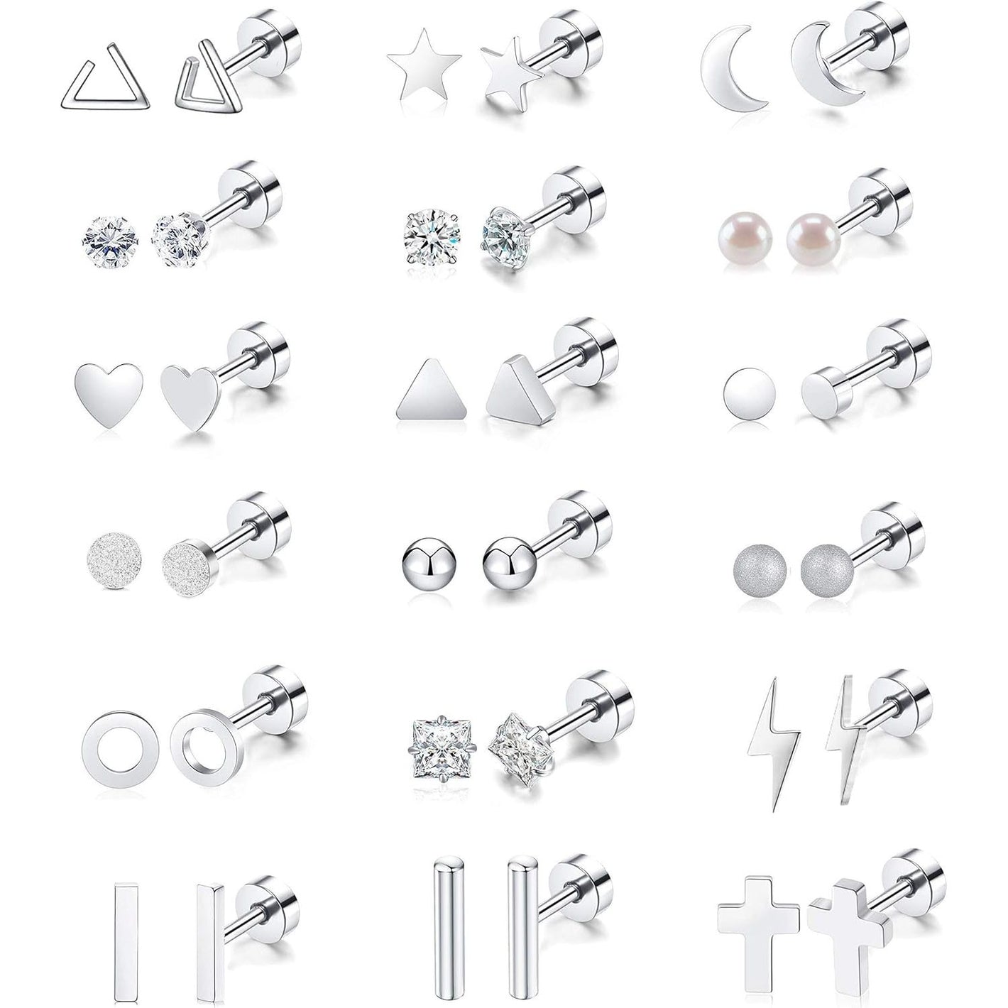 18 Pairs Stainless Steel Stud Earrings Set for Women Men Star Moon flower Heart Leaf Opal 20G Cartilage Earrings Hypoallergenic Flatback Earrings Piercing Jewelry