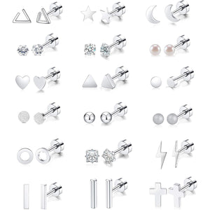 18 Pairs Stainless Steel Stud Earrings Set for Women Men Star Moon flower Heart Leaf Opal 20G Cartilage Earrings Hypoallergenic Flatback Earrings Piercing Jewelry