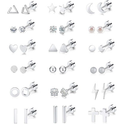 18 Pairs Stainless Steel Stud Earrings Set for Women Men Star Moon flower Heart Leaf Opal 20G Cartilage Earrings Hypoallergenic Flatback Earrings Piercing Jewelry