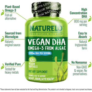 NATURELO Vegan DHA - Omega 3 Oil from Algae - Supplement for Brain, Heart, Joint, Eye Health - Provides Essential Fatty Acids for Women Men and Kids - Complements Prenatal Vitamins - 120 Softgels