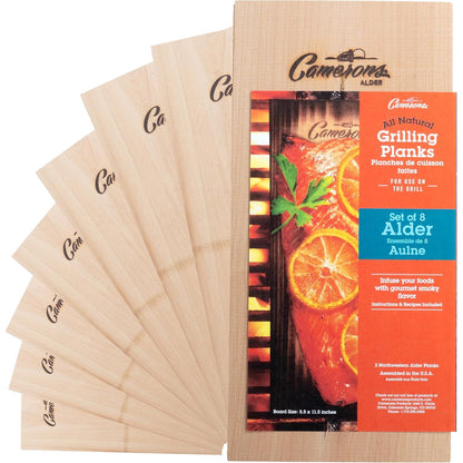Camerons Alder Grilling Planks - 8 Pack (5.5"x11.5") - Premium Natural Alder Wood - Easily Infuse Smoky Flavor into BBQ Salmon, Fish, Pork, Veggies, and More - Sourced in the USA - Grilling Gift Idea