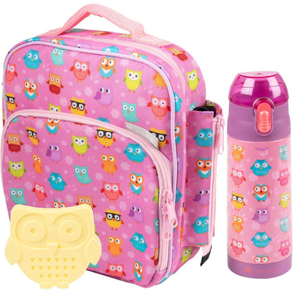 Bentology Kids Lunch Bag Set w Matching Reusable Water Bottle & Hard Ice Pack- Pink Purple Mermaid- Insulated Tote, Stainless Steel Insulated Thermos, Hard Ice Pack- Back to School Lunchbox Kits