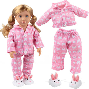 Bunny Doll Pajama Set w Slippers- 18" Doll Clothes & Accessories Compatible w American Girl Dolls- 3pc PJ Outfit Set Includes Rabbit Shirt, Pants,& White Slippers- Cozy
