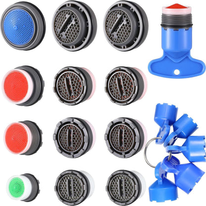 BBTO 12 Pieces Faucet Aerator Replacement for Sink and 5 Pieces Faucet Aerator Key Wrenches Removal Tool M 16.5 mm 18.5 mm 21.5 mm 24 mm High Low Flow Restrictor for Bathroom Kitchen