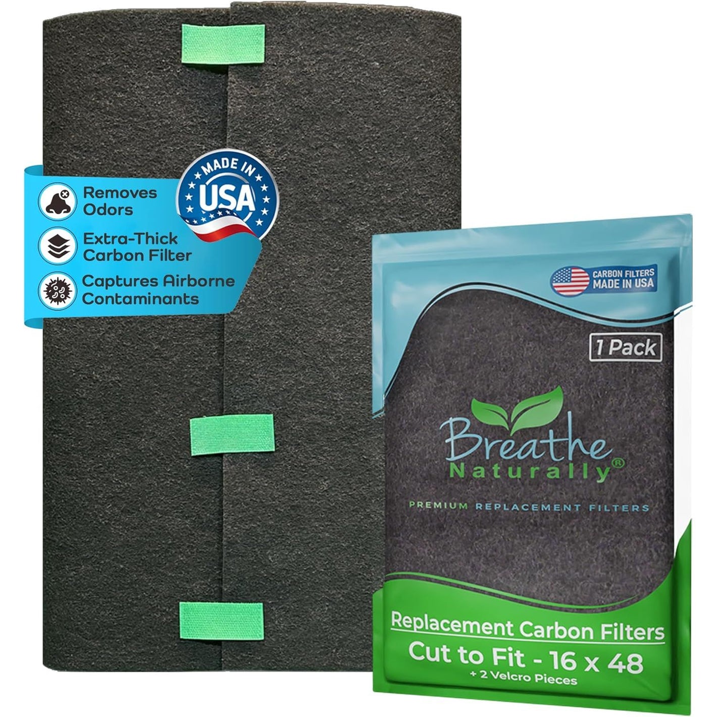 Breathe Naturally Universal Cut to Fit Carbon Activated Air Filter - Replacement Charcoal Filters - Pre Filter Carbon Sheet for Air Purifier, Vent Filters & More - Made in USA (Pack of 1, 16x48)