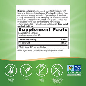 Nature's Way Uva Ursi Leaves, Traditional Urinary Support*, 1,110 mg per 3-Capsule Serving, Non-GMO Project Verified, Herbal Dietary Supplement, Gluten Free, 100 Vegan Capsules (Packaging May Vary)
