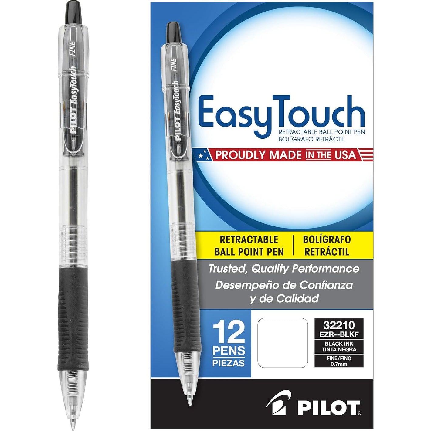 PILOT EasyTouch Refillable & Retractable Ballpoint Pens, Fine Point, Black Ink, 12-Pack (32210)