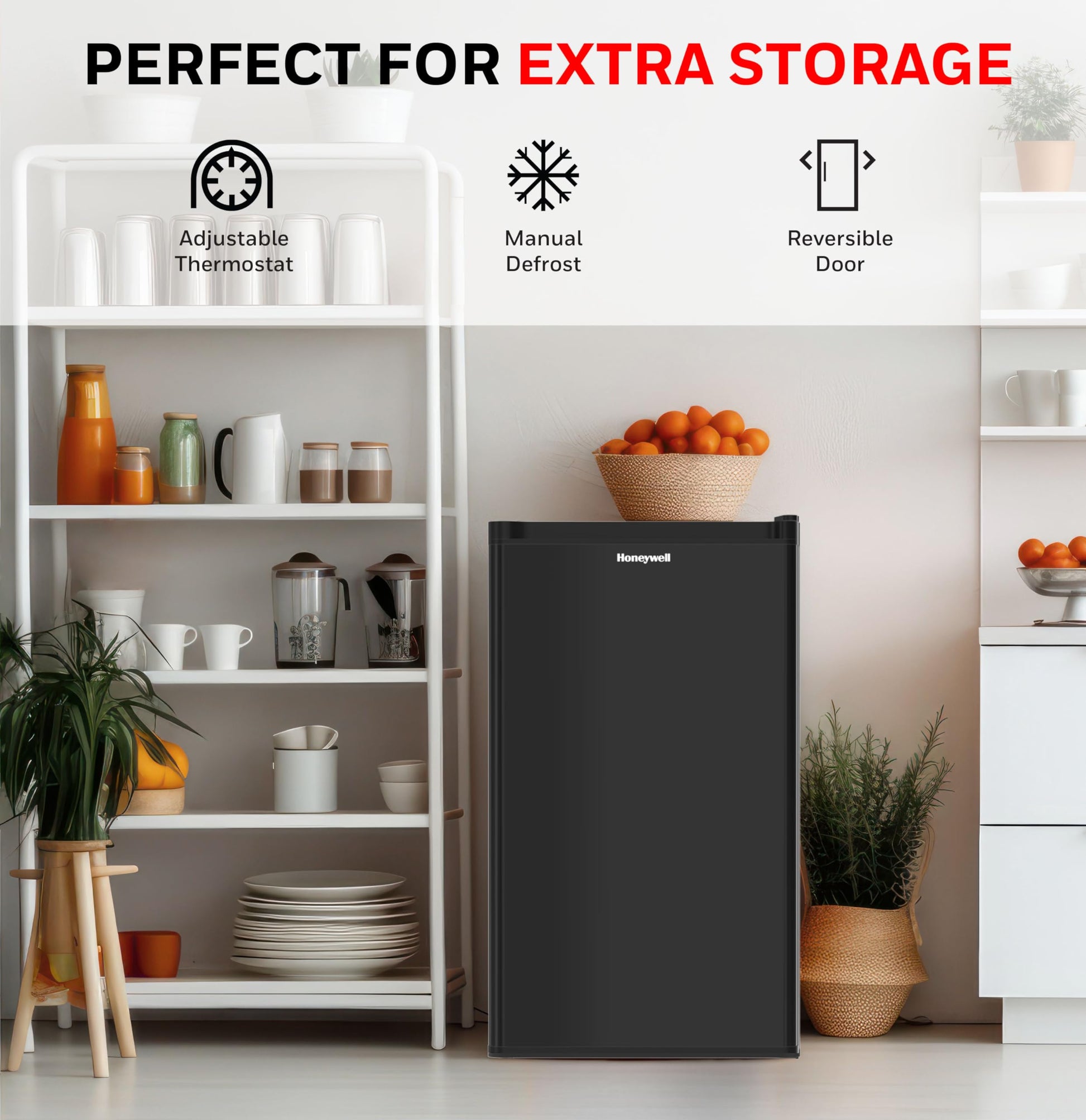 Buy now Honeywell Compact Upright Freezer, 3 Cubic Feet, Single Door Upright Freezer with Reversible Door, for Home, Dorms, Apartment, Office- Black at indiglob india