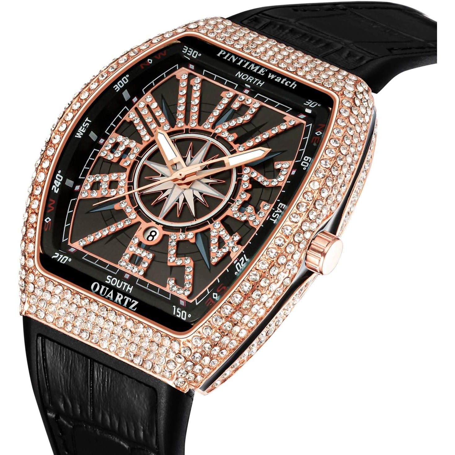 Buy now PINTIME Luxury Men's Crystal Watch Rosegold Tonneau Fashion Bling Iced Out Diamond Watch for Men Hip Hop Rapper, Black Dial at indiglob india