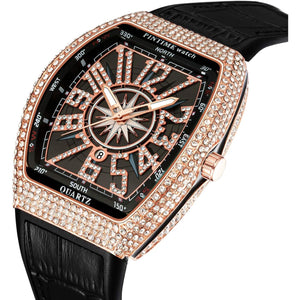 Buy now PINTIME Luxury Men's Crystal Watch Rosegold Tonneau Fashion Bling Iced Out Diamond Watch for Men Hip Hop Rapper, Black Dial at indiglob india