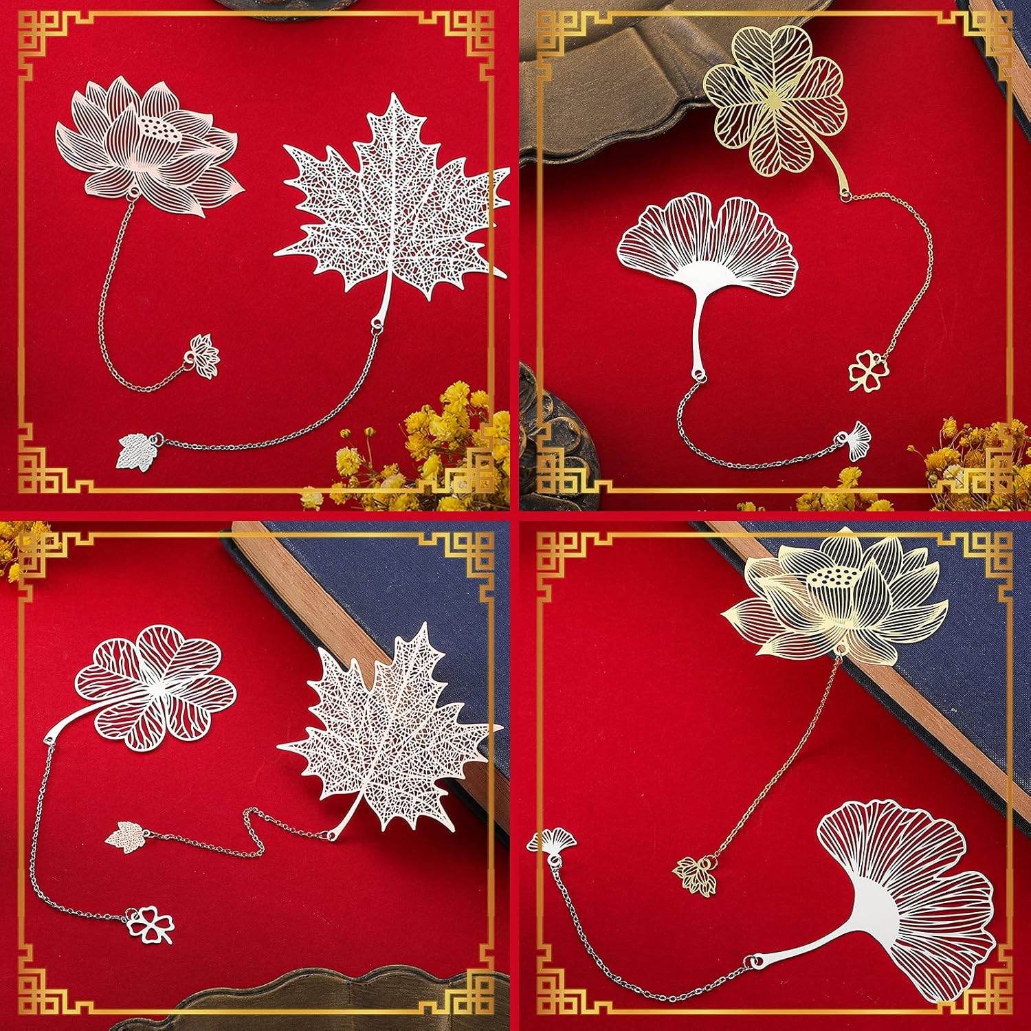 12 Pieces Metal Bookmarks with Chain for Women Metal Leaf Bookmark for Book Lovers Writers Readers Children Teens Adults Gold Silver and Rose Gold(Chain Style) - My Store