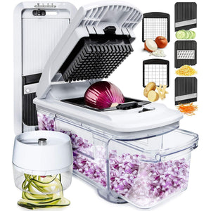 Fullstar All-in-1 Vegetable Chopper and Mandoline Slicer for Kitchen - Cheese Grater, French Fry Cutter, Cheese Slicer - Bonus Handheld Spiralizer Included (6 in 1, Black/White)