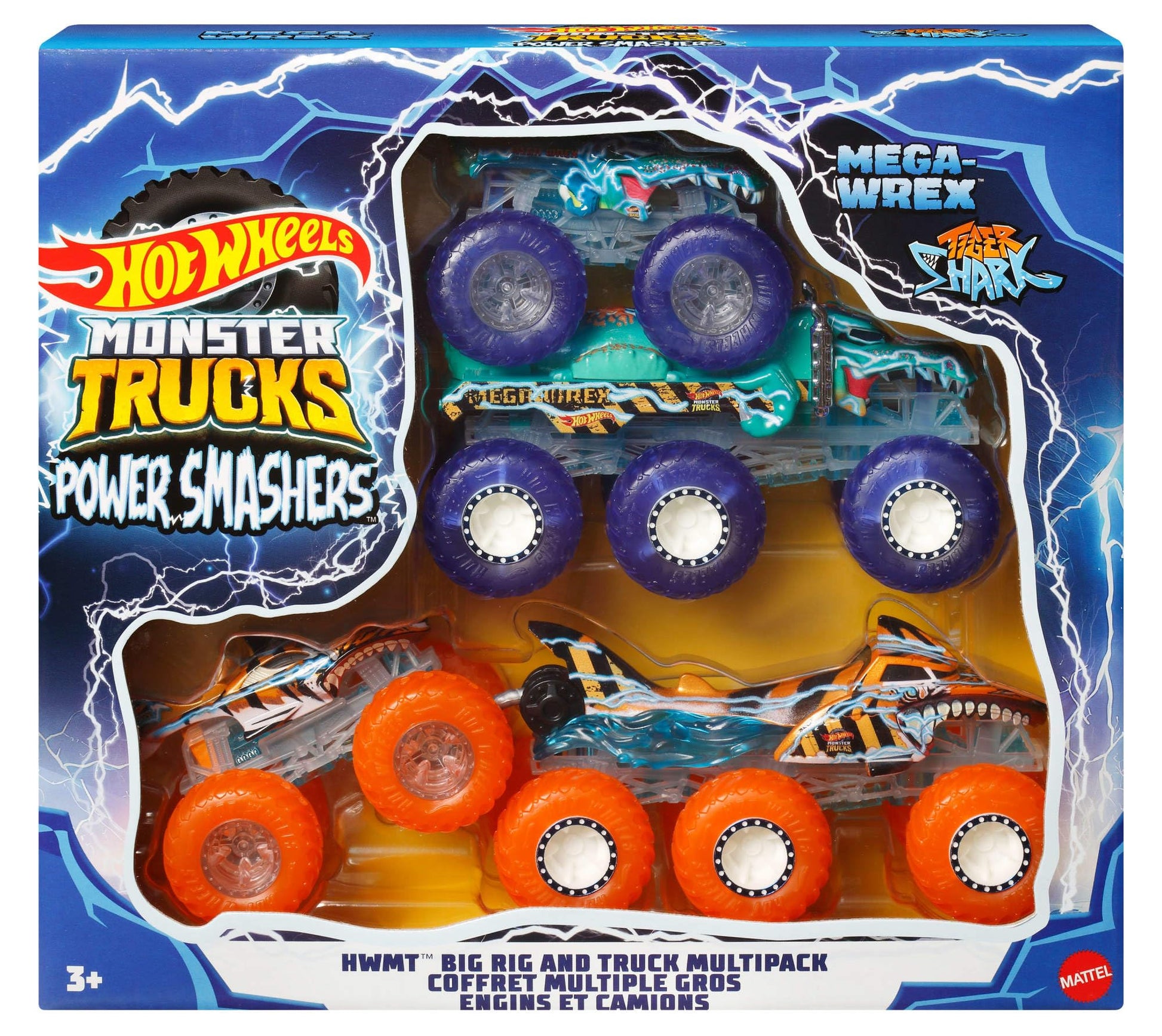 Buy now Hot Wheels Monster Trucks Multipack, 1:64 Scale Mega-Wrex & Tiger Shark Toy Trucks with Big Rigs in Matching Power Smashers Deco at indiglob india