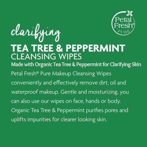 Petal Fresh Clarifying Tea Tree & Peppermint Makeup Removing, Cleansing Towelettes, Gentle Face Wipes, Daily Cleansing, Vegan and Cruelty Free, 60 count