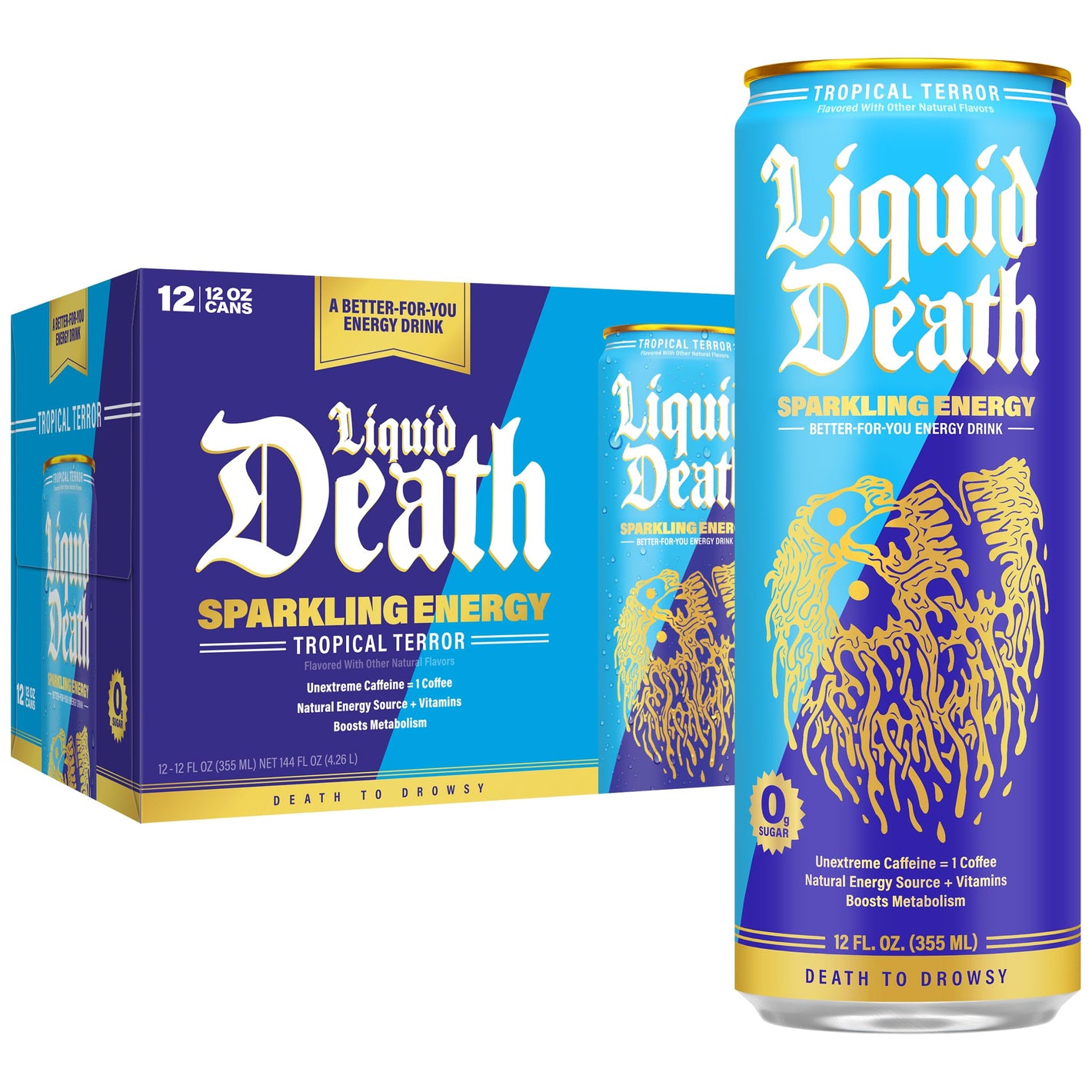 Buy now Liquid Death Sparkling Energy - Tropical Terror (Classic Piña Colada), Zero Sugar Energy Drink, Unextreme Caffeine 100mg, Essential Vitamins, 12 Fl Oz (Pack of 12) Tropical Terror at indiglob india