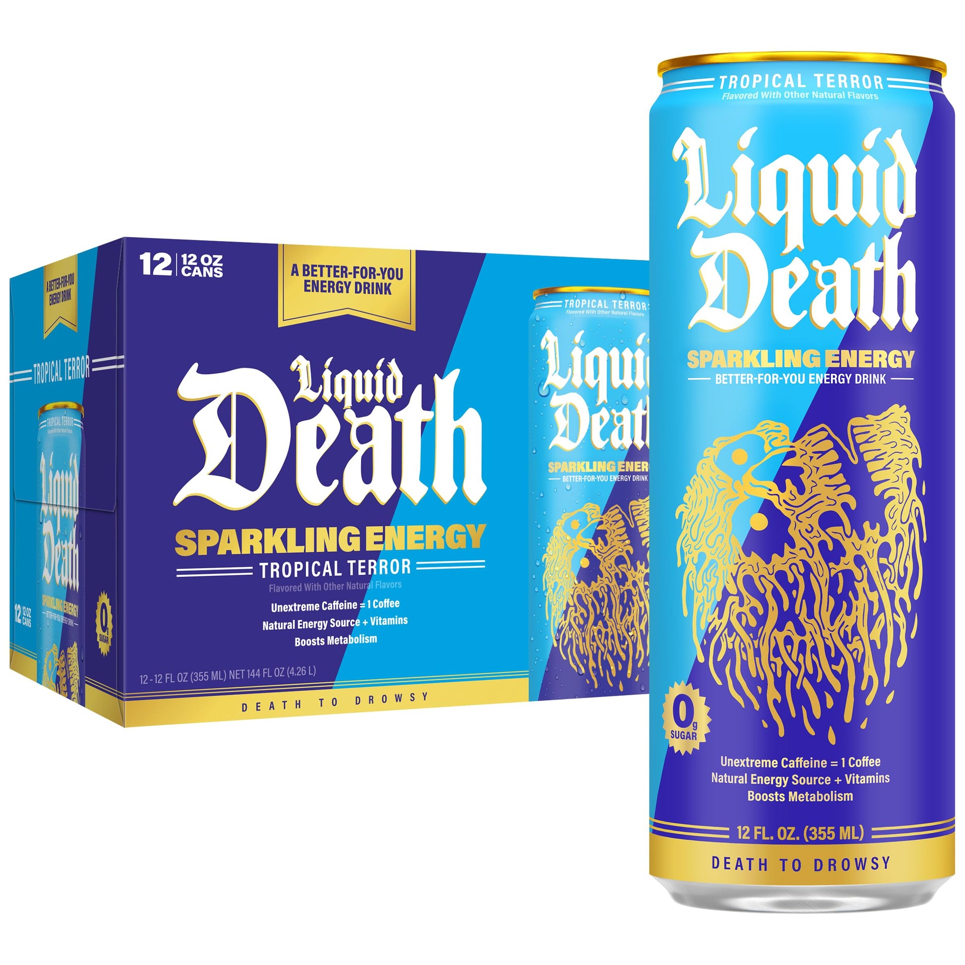 Buy now Liquid Death Sparkling Energy - Tropical Terror (Classic Piña Colada), Zero Sugar Energy Drink, Unextreme Caffeine 100mg, Essential Vitamins, 12 Fl Oz (Pack of 12) Tropical Terror at indiglob india