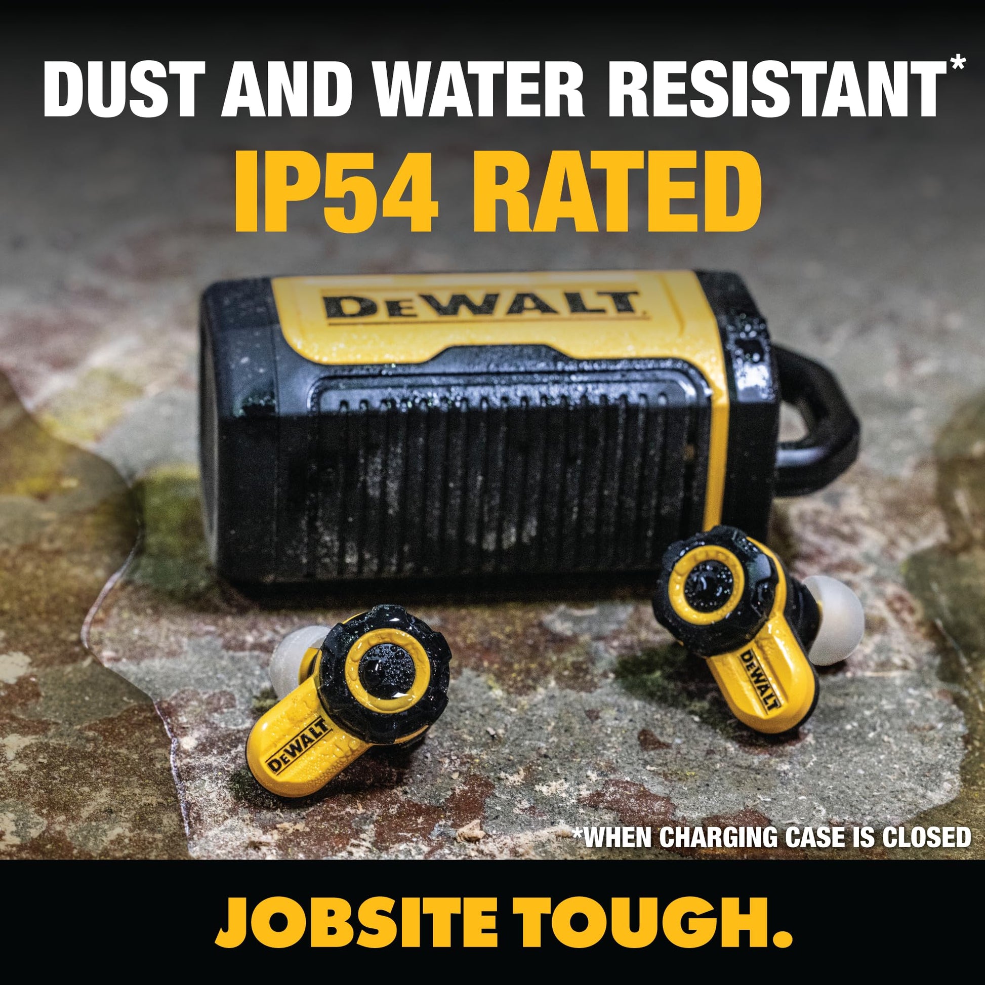 Buy now DEWALT Heavy Duty Bluetooth Jobsite Pro X2 ANC True Wireless Earbuds, Active Noise Cancelling Work Earbuds, Turn Dial Controls, 10Hr Runtime (40+ w/Case), 4 EQ Modes, IP54 at indiglob india