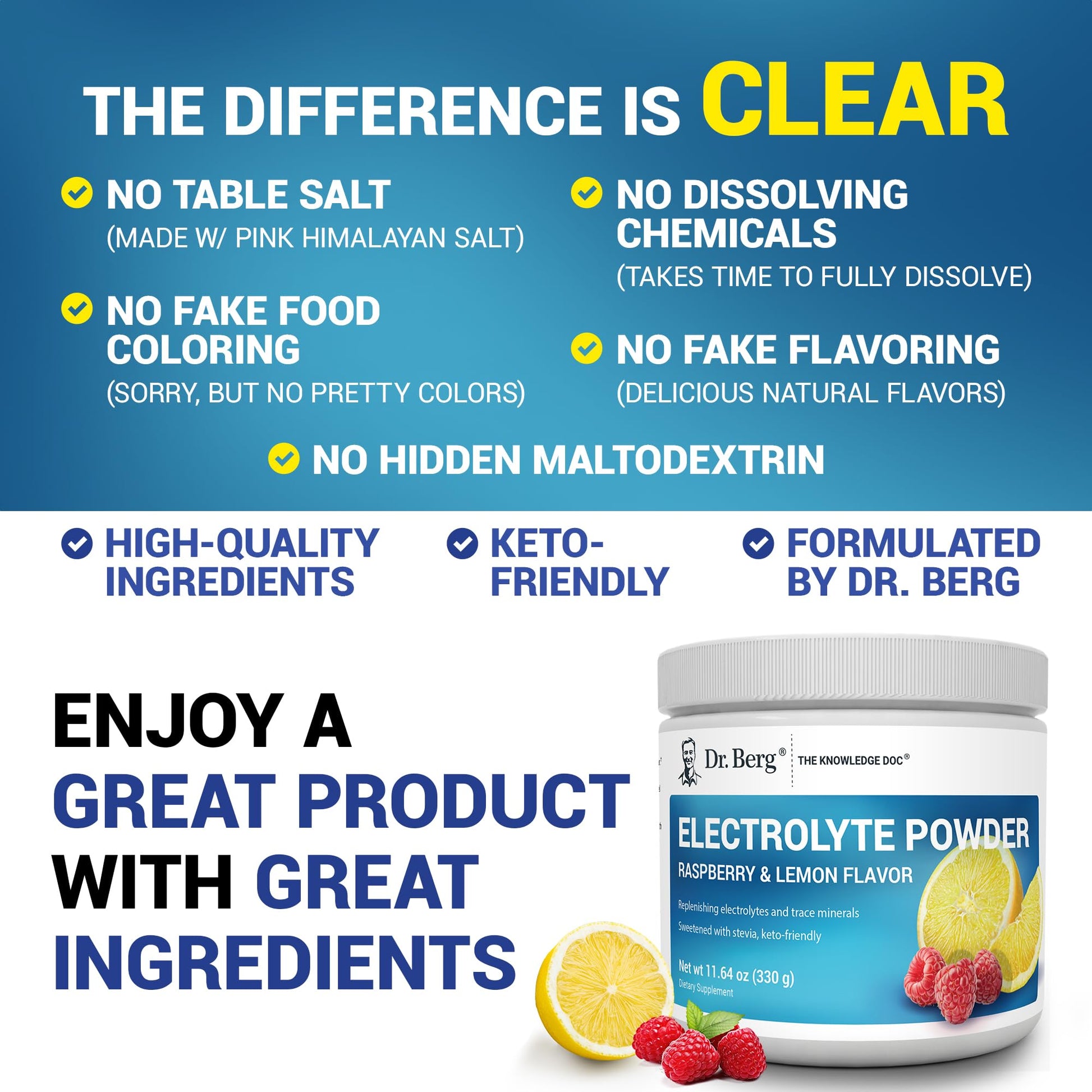 Buy now Dr. Berg Zero Sugar Hydration Keto Electrolyte Powder - Enhanced w/ 1000 mg of Potassium & Real Pink Himalayan Salt (NOT Table Salt) - Raspberry & Lemon Flavor Hydration Drink Supplement - 50 Servings at indiglob india