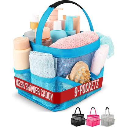 Masirs Mesh Shower Caddy - 9 Pocket Portable Bathroom Organizer Tote for Travel, Gym & Dorm - Collapsible Small Shower Caddy Bag to Hold Toiletries & Essentials (Gray)
