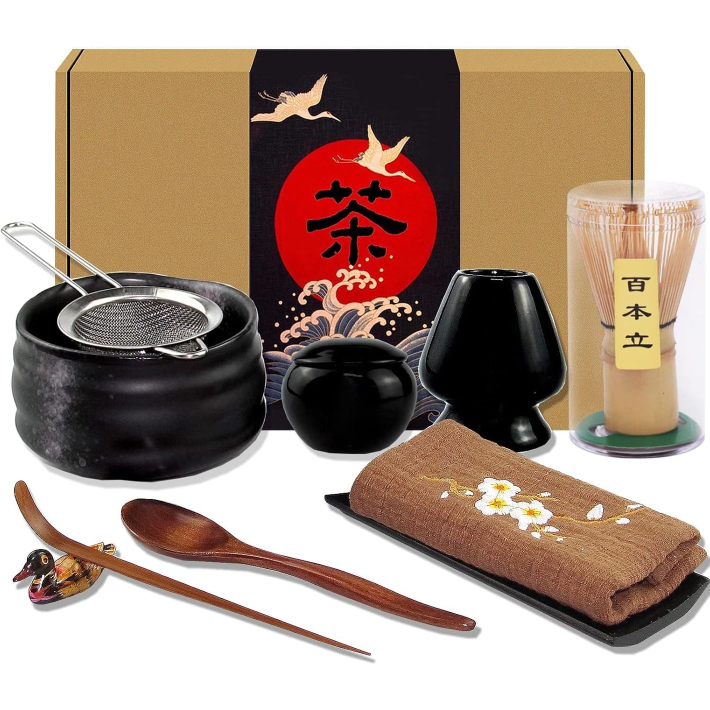 Artcome 10Pcs Japanese Matcha Tea Set, Matcha Bowl, Matcha Whisk, Whisk Holder, Traditional Scoop, Tea Spoon, Tea Cloth, Bamboo Holder, Scoop Holder, Matcha Powder Caddy, Matcha Powder Strainer(Black)