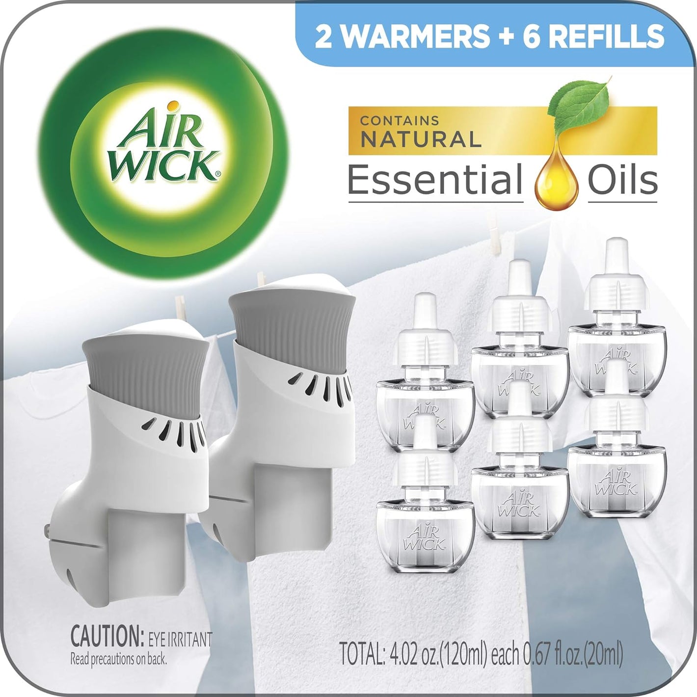 Air Wick Plug in Scented Oil Starter Kit, 2 Warmers + 6 Refills, Fresh Linen, Same Familiar Smell of Fresh Laundry, Eco Friendly, Essential Oils, Air Freshener