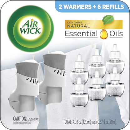 Air Wick Plug in Scented Oil Starter Kit, 2 Warmers + 6 Refills, Fresh Linen, Same Familiar Smell of Fresh Laundry, Eco Friendly, Essential Oils, Air Freshener