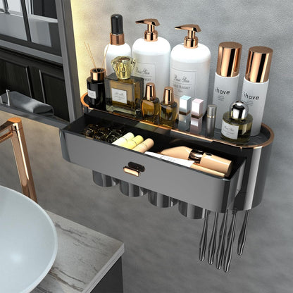 iHave Toothbrush Holders for Bathrooms, 4 Cups Toothbrush Holder Wall Mounted with Toothpaste Dispenser - Large Capacity Tray, 2 Cosmetic Drawer - Bathroom Organizer & Bathroom Accessories Set