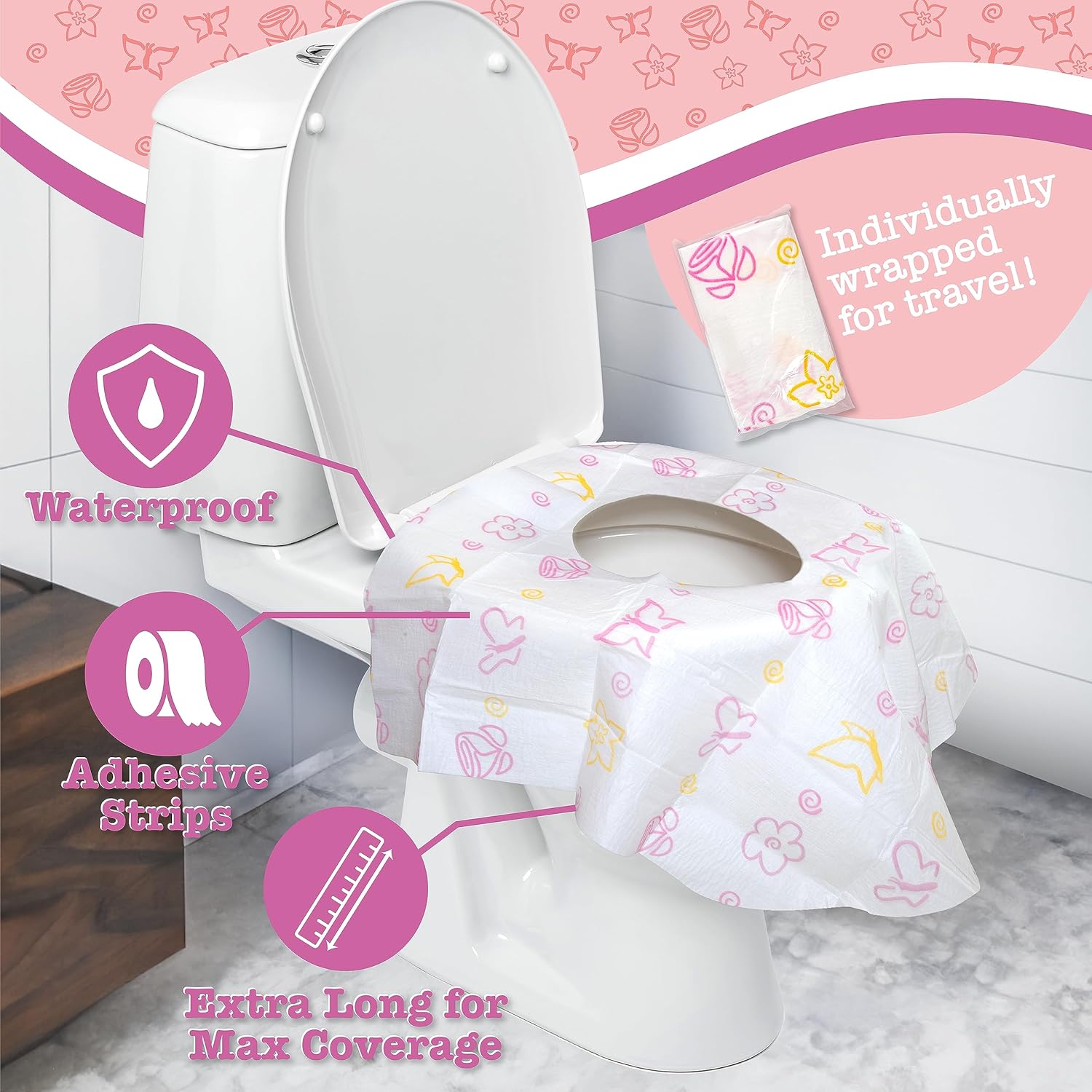 Buy now Toilet Seat Covers Disposable (12 Pack, Floral) - XL Waterproof Toilet Cover for Toddlers, Kids & Adults - Portable & Individually Wrapped for Travel, Potty Training & Public Restrooms at indiglob india