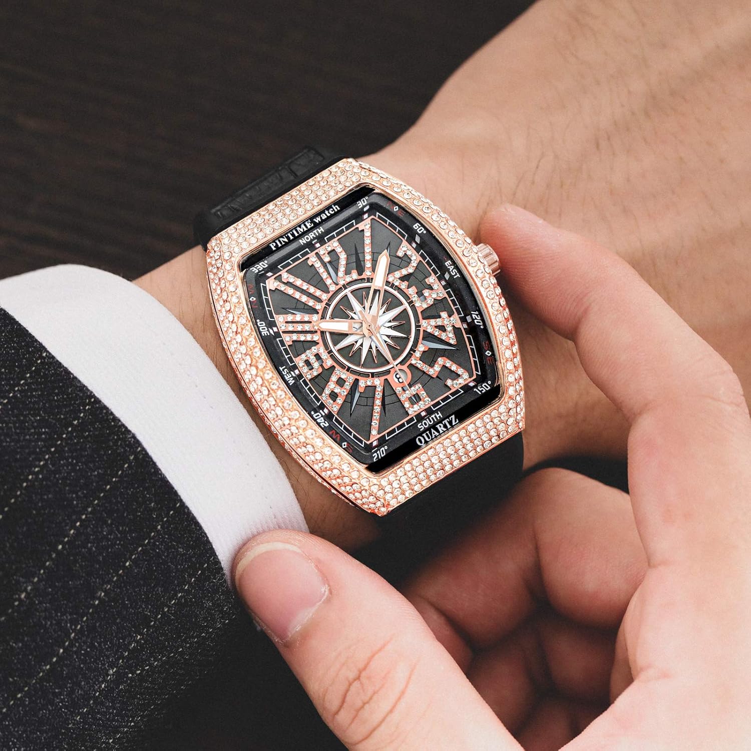 Buy now PINTIME Luxury Men's Crystal Watch Rosegold Tonneau Fashion Bling Iced Out Diamond Watch for Men Hip Hop Rapper, Black Dial at indiglob india