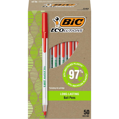 BIC Ecolutions Round Stic Ballpoint Pens, Medium Point (1.0mm), 50-Count Pack, Black Ink Pens Made from 97% Recycled Plastic