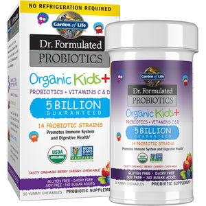 Garden of Life Kids Probiotics, Dr. Formulated Probiotics Organic Kids+ Vitamin C & D, Berry Cherry, Gluten Dairy & Soy Free Immune & Digestive Health Supplement, 30 Chewables (Shelf Stable)