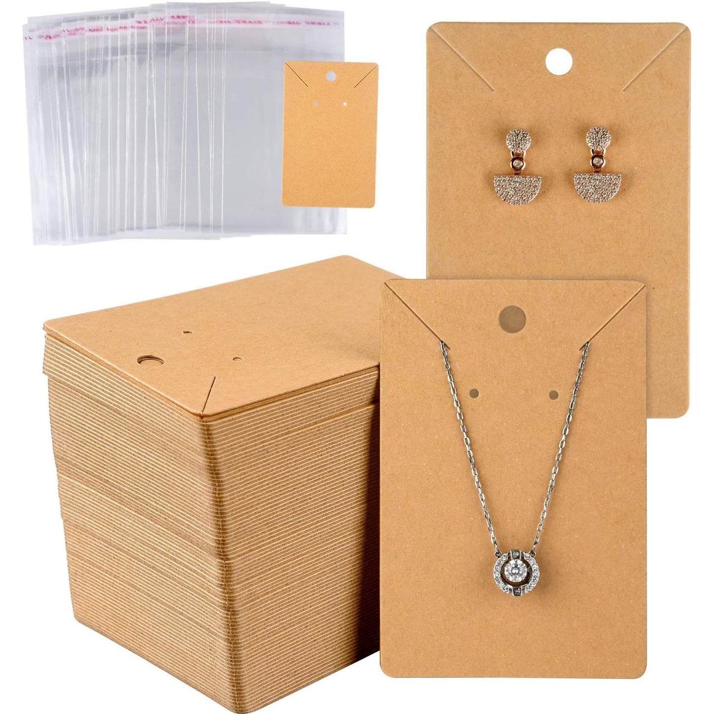 MIAHART 150 Set Earring Card with 150 Pcs Bags, Earring Card Holder Blank Kraft Paper Tags for DIY Ear Studs Necklace Jewelry Display (Brown)
