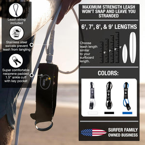 Ho Stevie! Premium Surf Leash - No Tangles, No Lost Surfboard - Hi-Strength Lightweight 1/4" Cord - Feels Like Surfing Leashless - 6/7/8/9 Feet