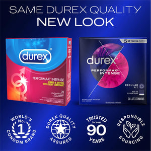 Condoms, Ultra Fine, Ribbed, Dotted with Delay Lubricant, Durex Performax Intense Natural Rubber Latex Condoms, 24 Count, Contains Desensitizing Lube for Men, FSA & HSA Eligible
