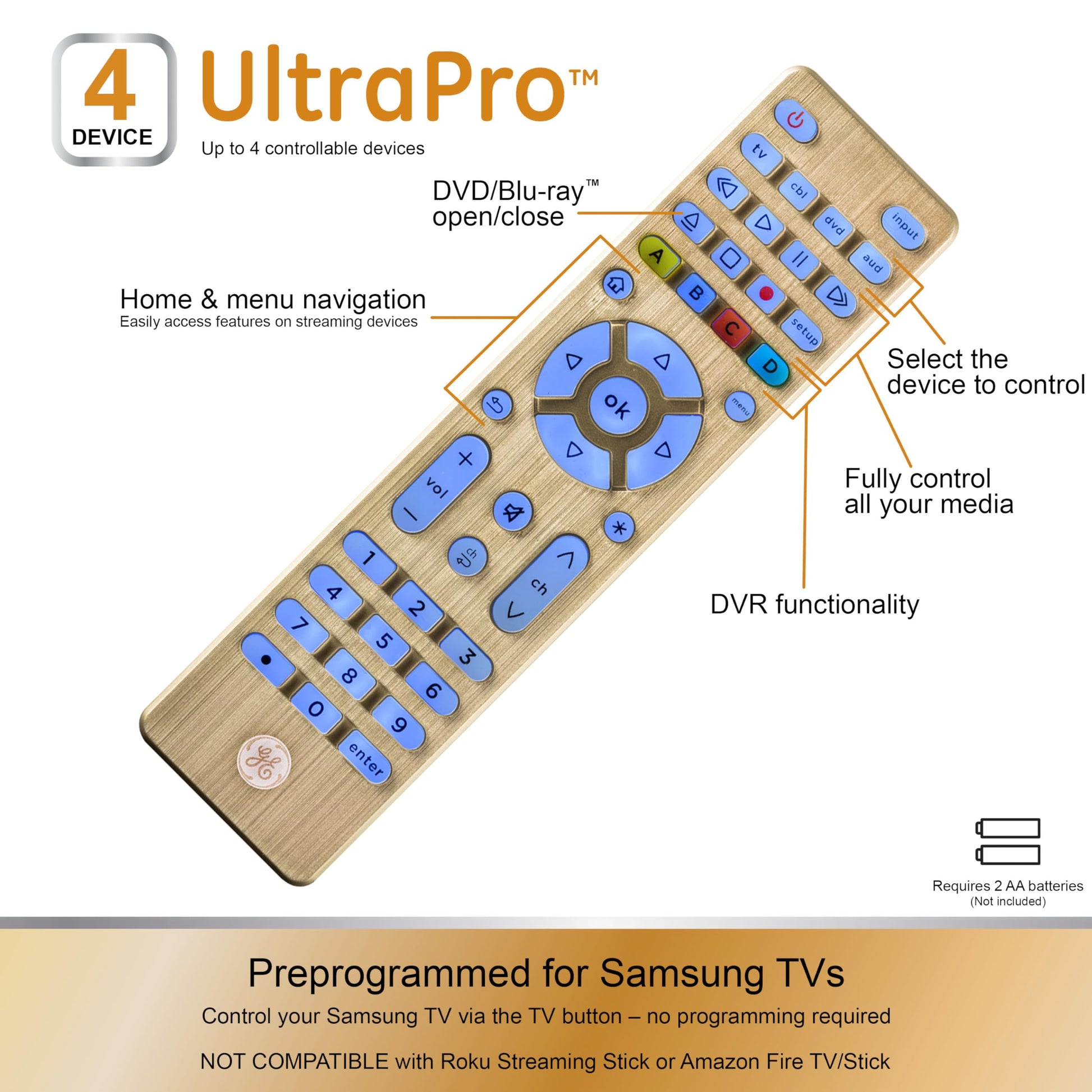Buy now GE Universal Remote Control, Samsung TV Remote,Universal TV Remote for Roku TV, Vizio, LG, Sony, Sharp, Roku, Apple TV, TCL, Panasonic, Smart TVs, Streaming Players, Blu-ray, DVD, 4-Device, Gold,48845 at indiglob india