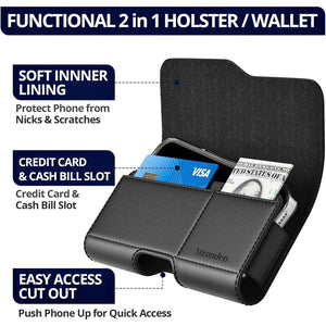 Holster for iPhone 17 Pro, 17, 16, 16e, 16 Pro, 15, 15 Pro, 14, 14 Pro, 13, 13 Pro, 12, 12 Pro - Leather Belt Case with Magnetic Closure & Built-in Card Holder Pouch (Fits Slim/Thin Case)