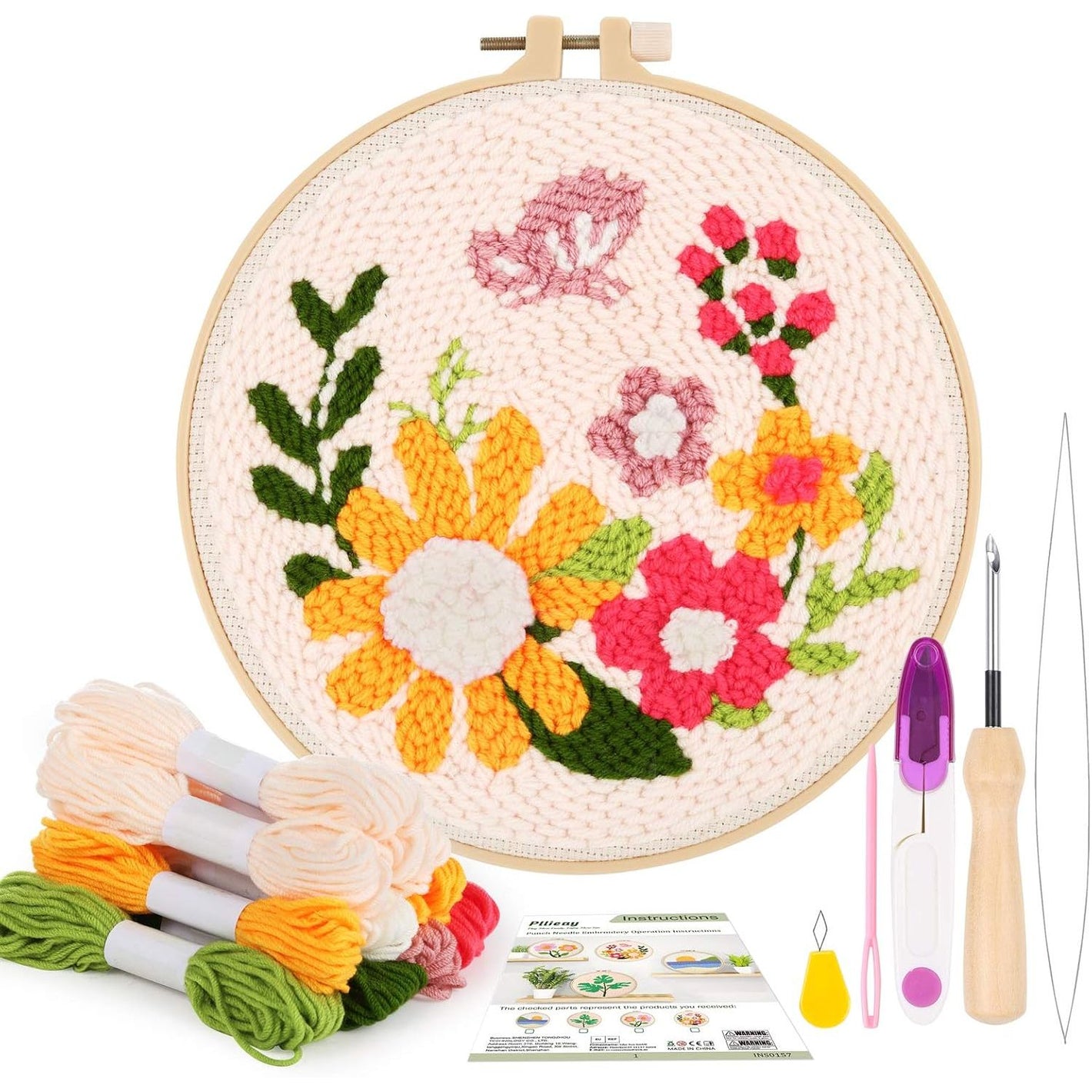 Pllieay Punch Needle Embroidery Starter Kits for Kids and Adults Beginners, Include Instructions, Punch Needle Fabric with Floral Pattern, Yarns, Embroidery Hoops and Threader Tools