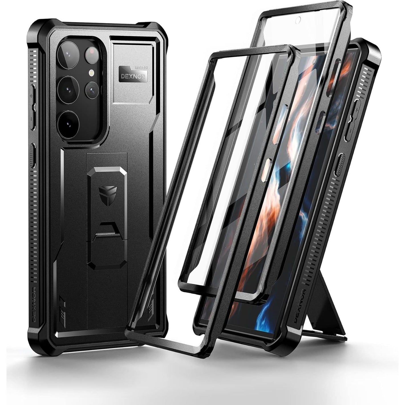 Dexnor Compatible with Samsung Galaxy S23 Ultra Case, Double Front Frame & Stand, Shock Absorber Technology Drop Protection, Robust Mobile Phone Case, Shockproof Protective Case - Black