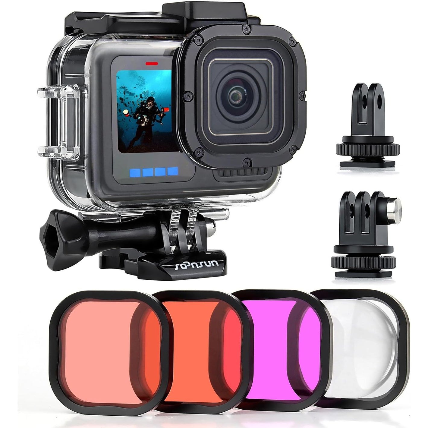 SOONSUN Waterproof Case with Dive Filters for GoPro Hero 13/12 / 11/10 / 9 Black, 196 Feet Underwater Protective Dive Housing Case with Red, Light Red, Magenta, 5X Close-up Macro Filters