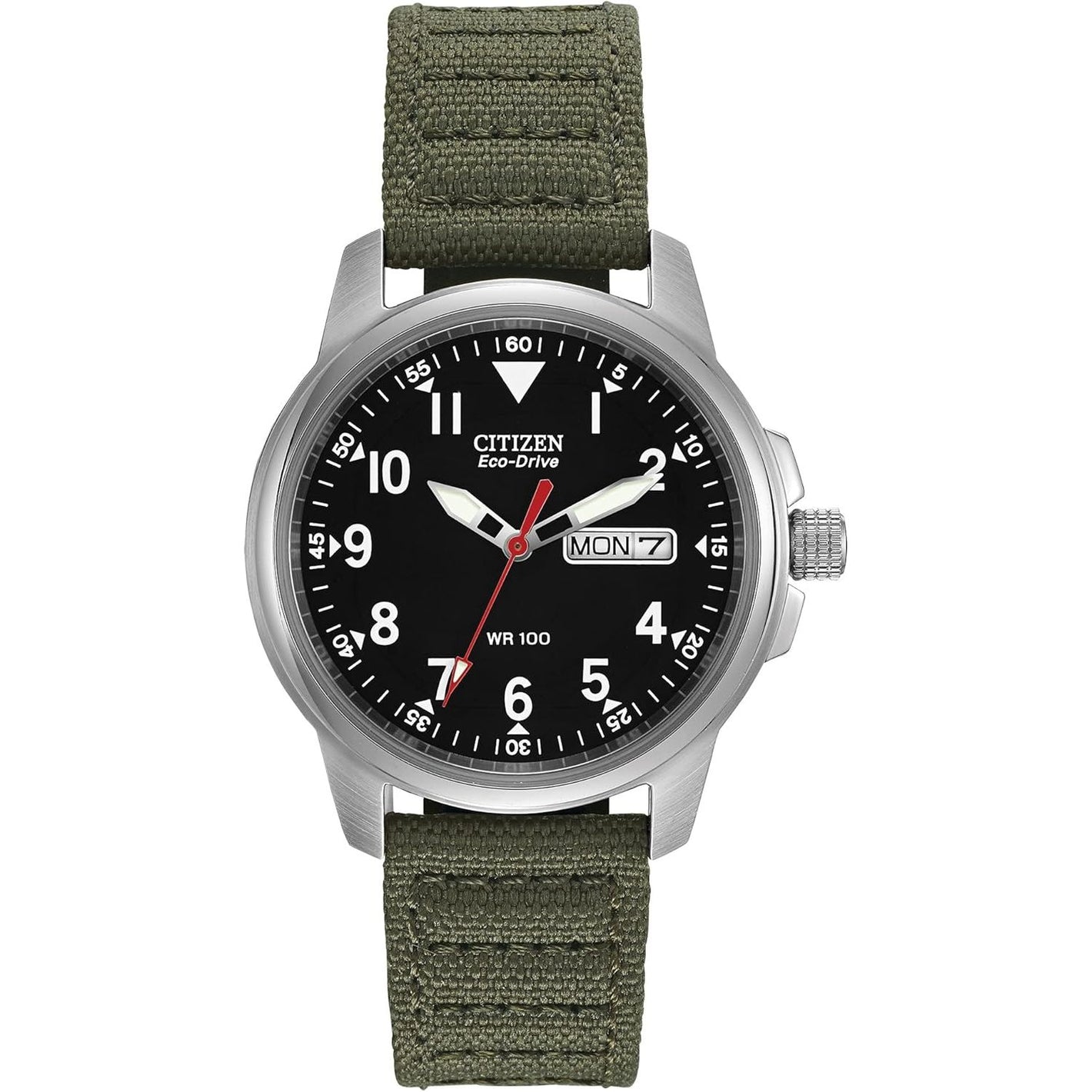 Citizen Men's Eco-Drive Weekender Garrison Field Watch in Stainless Steel with Olive Nylon Strap, Black Dial (Model: BM8180-03E)